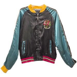 Ring of Fire Cobra Rose Embroidered Satin Bomber Jacket Teal Black Orange M